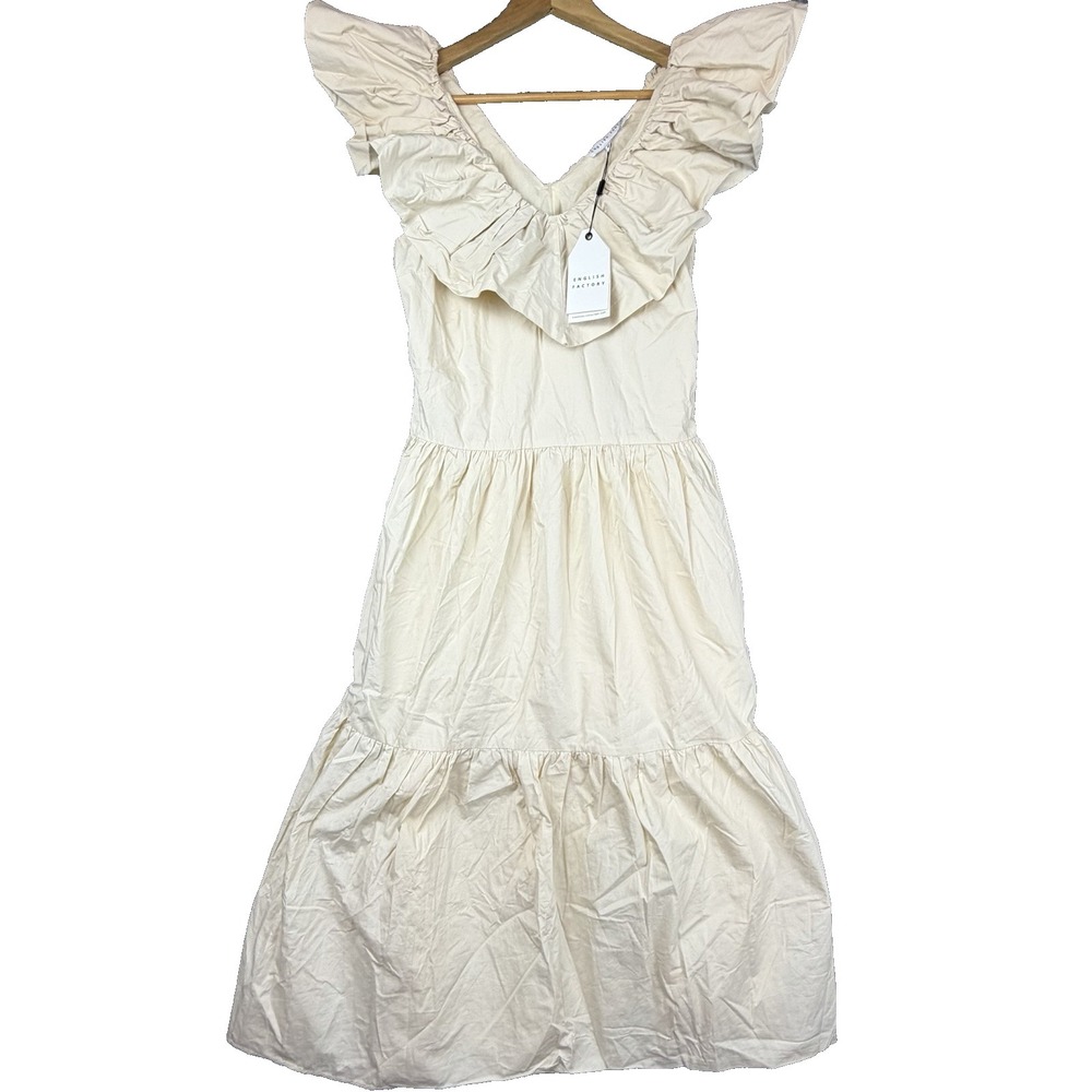 English Factory Midi Dress Women M Beige Ruffled Neck Sleeveless Peasant Cottage
